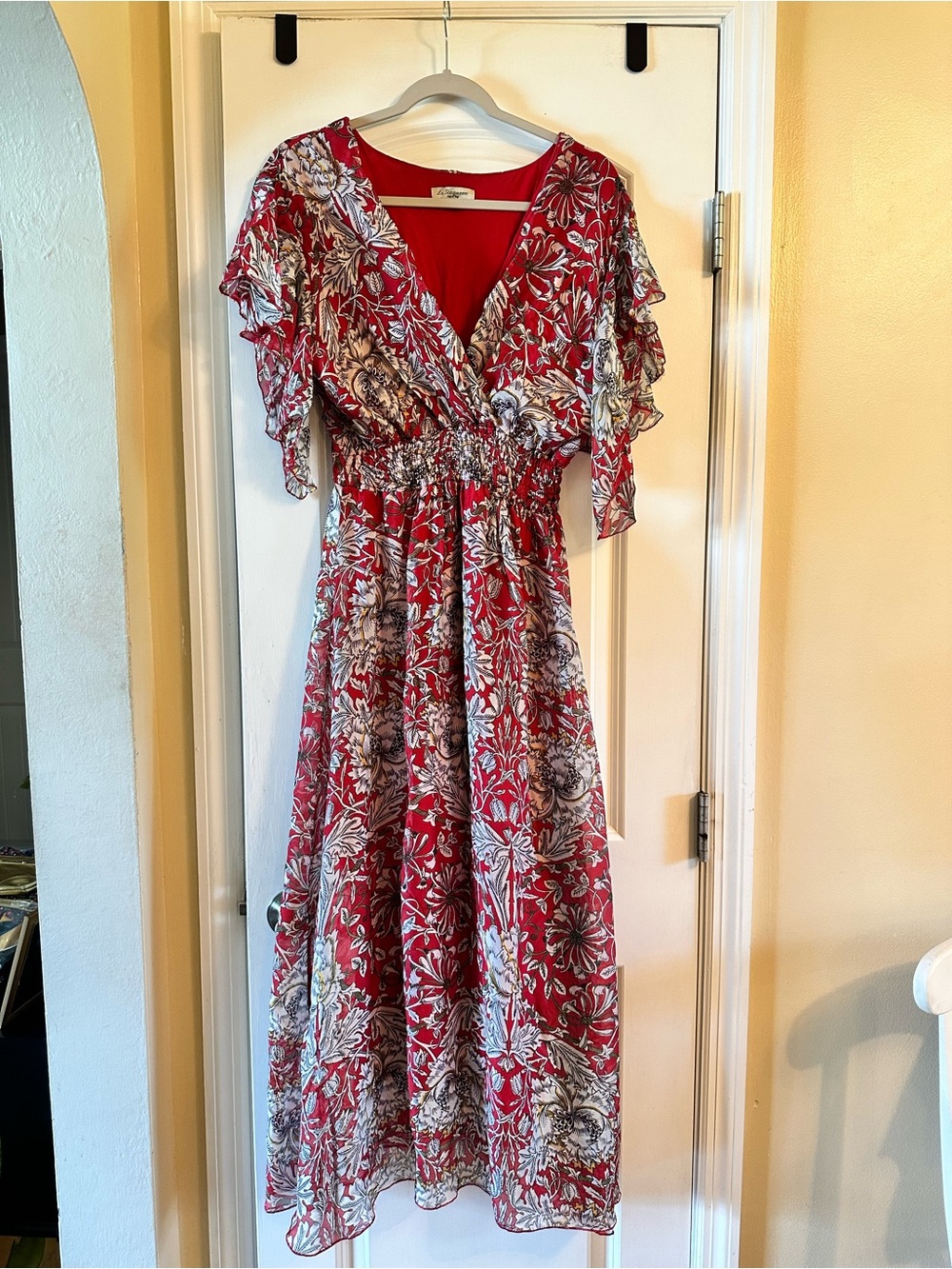 Red Floral Maxi Dress with Smocked Waist and Ruffle Sleeves
